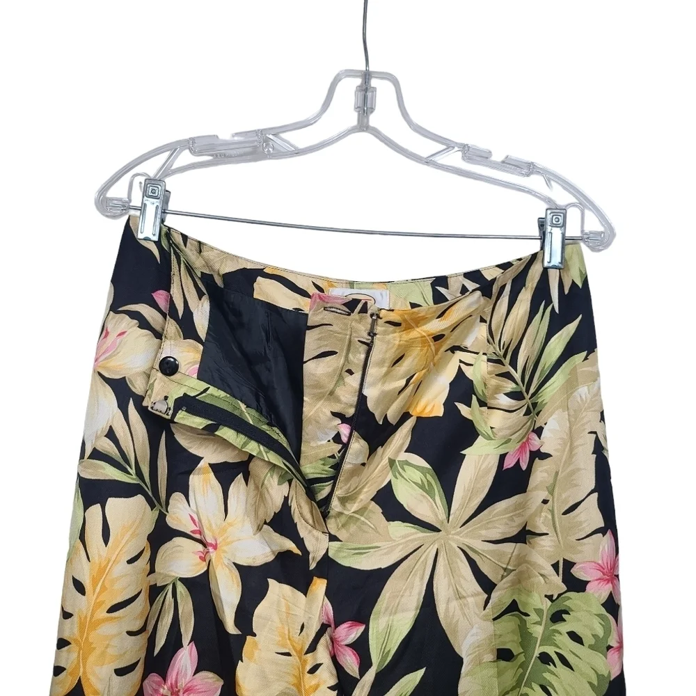 Talbots Floral Tropical Print Tan Yellow Green Pink Black Pure Silk Pants 8 - Picture 3 of 8